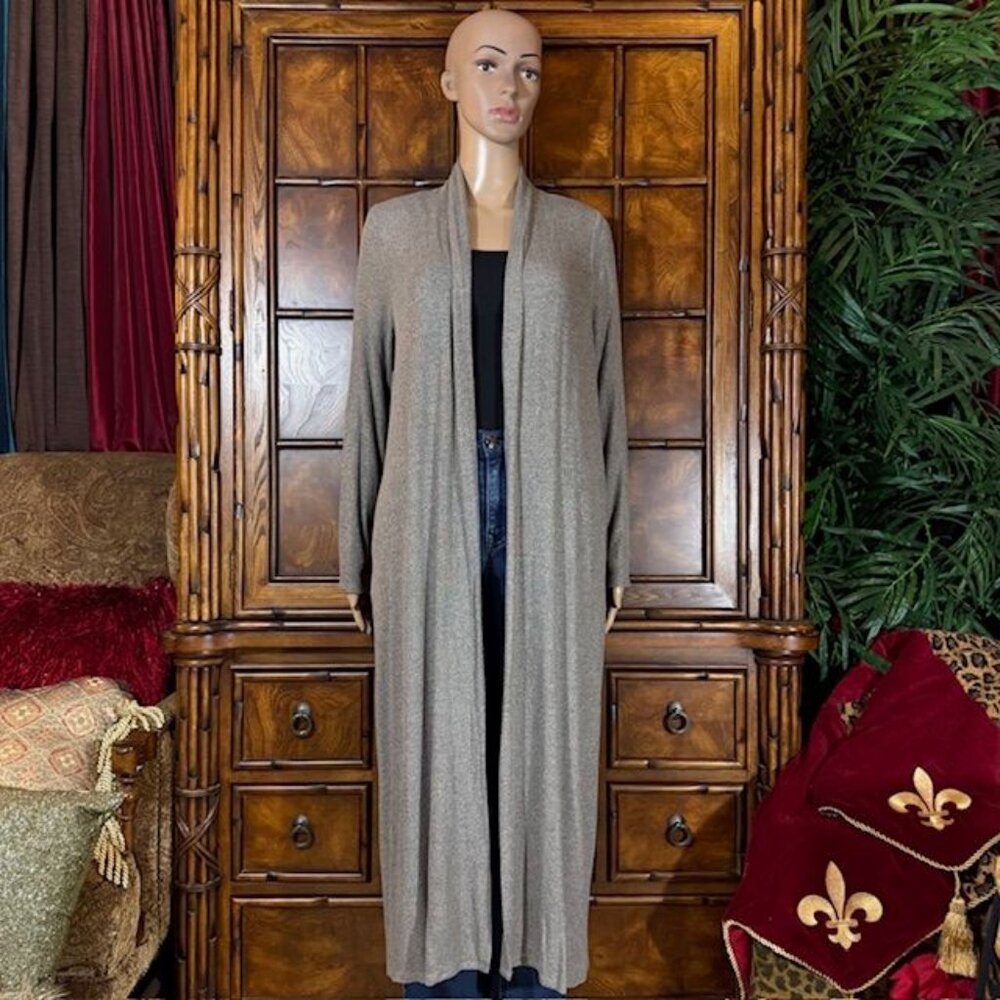 Lisa Rinna Taupe Flecked Rib Knit Maxi Cardigan